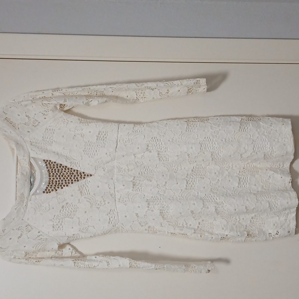 White Lace Dress with Gold Accents